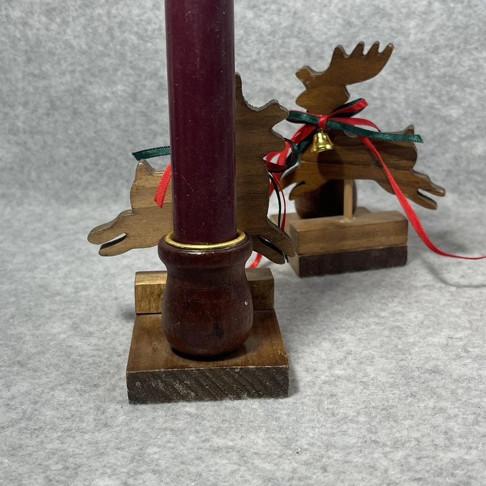 Vintage Christmas Around the World Wood Sleigh Reindeer Taper Candle Holders Set